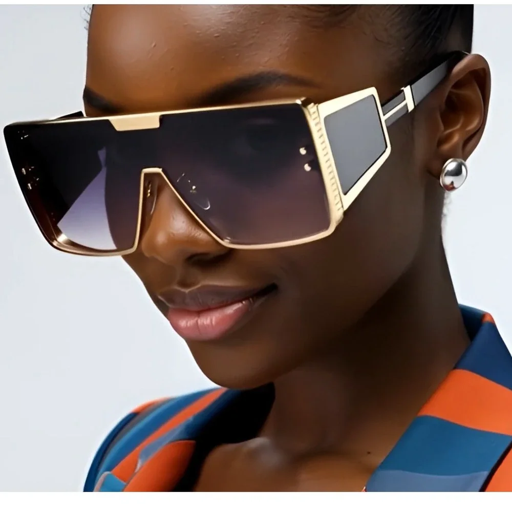Shield Sunglasses Gold Frame Oversized Fashion Designer Sun Glasses Trendy Gafas